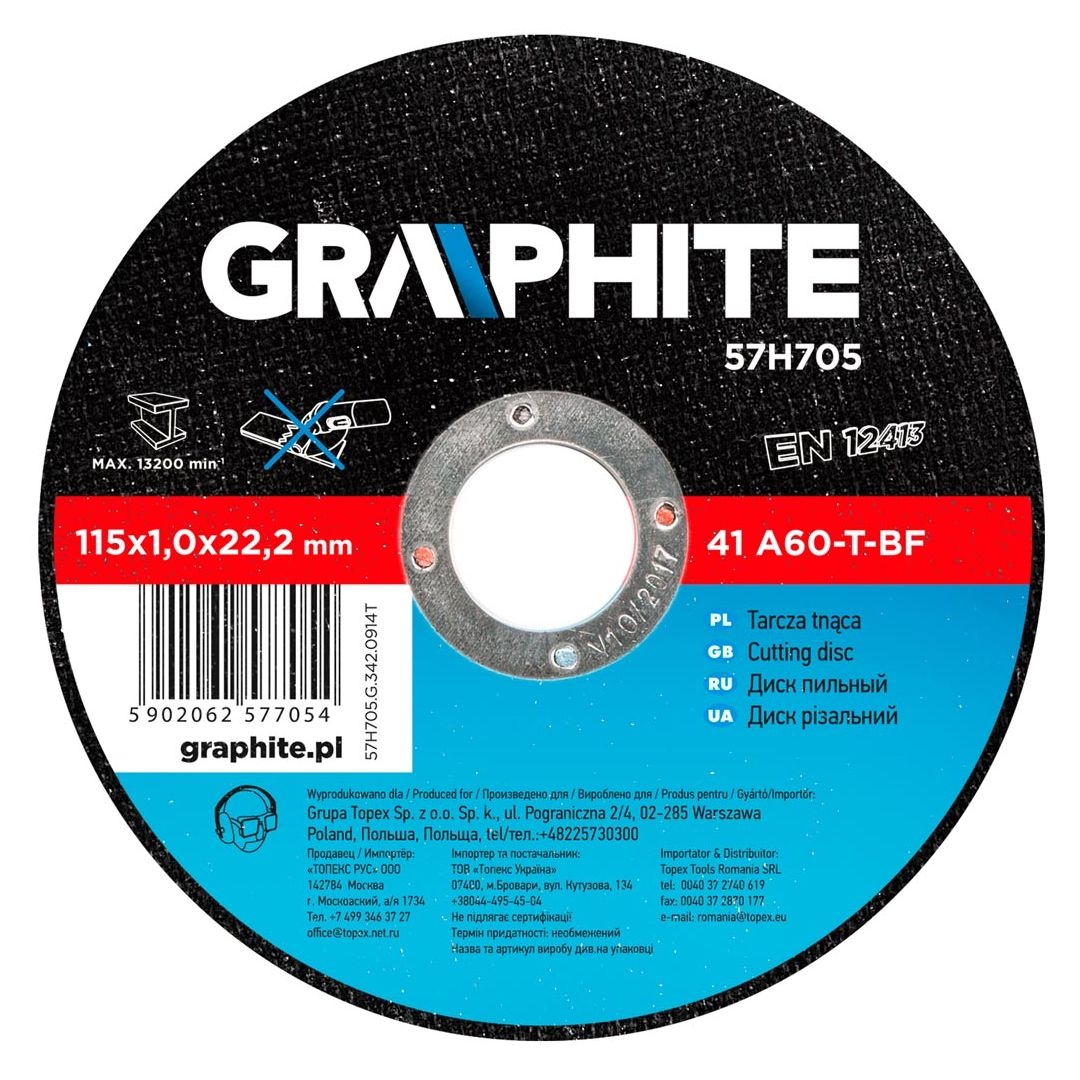 GRAPHITE TPX57H705 Vágókorong fémhez 115x1,0x22mm, 41 A60-T-BF